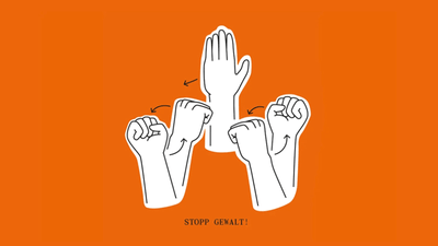 Illustration einer gestikulierenden Hand mit Text 'STOPP GEWALT!'.