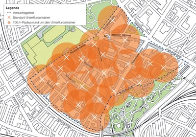 Stadtplan mit markierten 100m-Radien um Unterflurcontainer-Standorte.