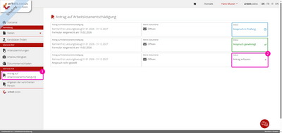 Antragsseite für Arbeitslosenentschädigung auf arbeits.swiss Website.