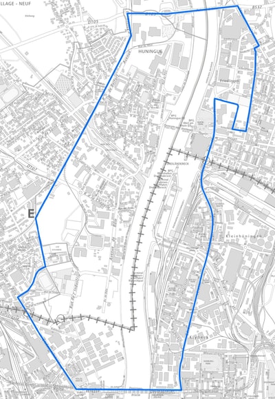 Stadtplan mit blauer Umrisslinie, die den Perimeter von 3Land markiert.