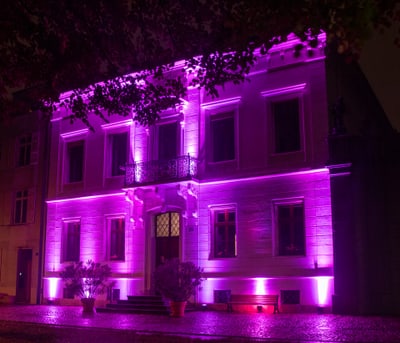 Sitz der Krebsliga beider Basel in pink beleuchtet