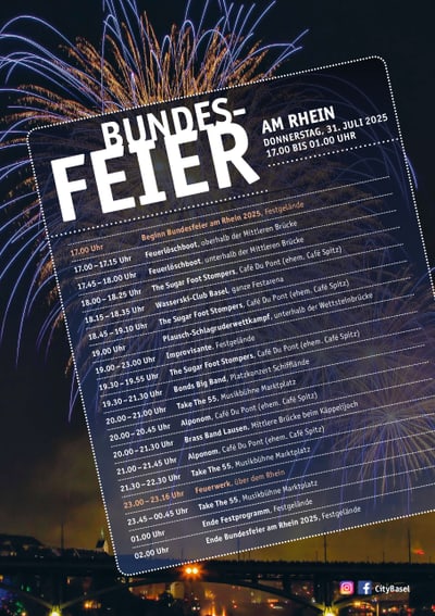 Poster für Bundesfeier am Rhein mit Feuerwerk im Hintergrund.
