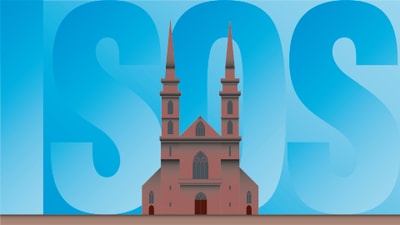 Illustration einer Kirche vor blauem Hintergrund mit 'ISOS'.