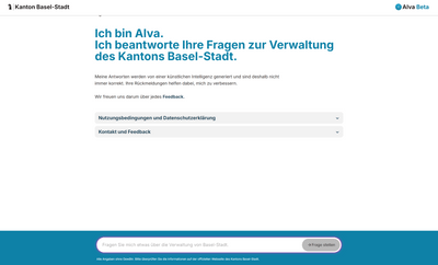 Screenshot der Alva-Website des Kantons Basel-Stadt mit Chat-Option.