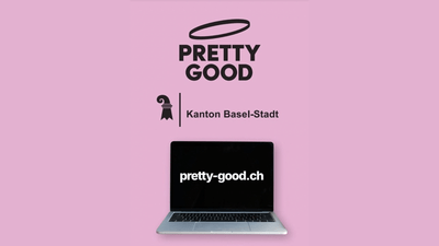 Laptop auf rosa Hintergrund mit Text darüber.