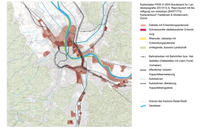 Karte der Stadtentwicklungspotenziale in Basel mit Legende und farblich markierten Bereichen.