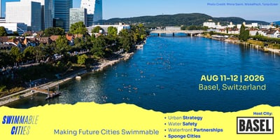 Luftaufnahme des Rheins in Basel mit Schwimmern.