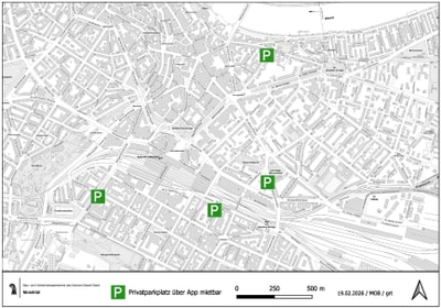 Standorte der Pilotprojekte zur Mehrfachnutzung von Privatparkplätzen eingezeichnet auf einer Karte