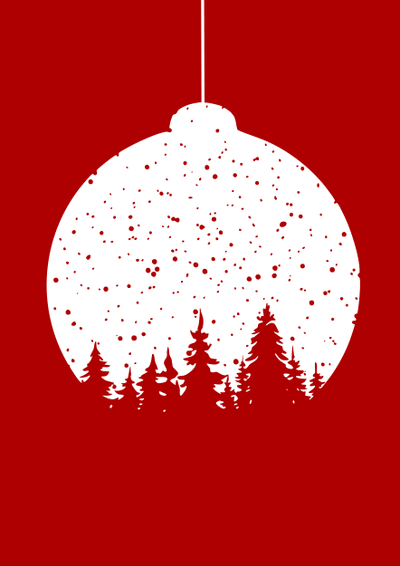 Weisse Weihnachtskugel mit Bäumen auf rotem Hintergrund.
