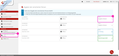Webseite mit Menü und Versichertendatenformularansicht.