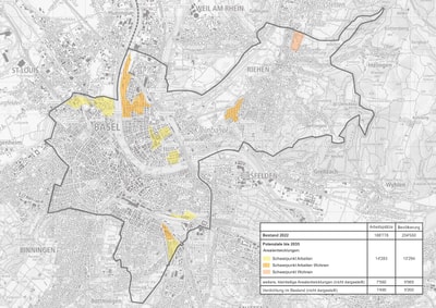 Karte von Basel mit Einzeichnungen, wo Entwicklungspotenziale im Siedlungsgebiet sind.