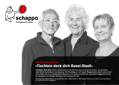 Drei lächelnde Freiwillige von Tischlein deck dich mit schappo-Logo und Text über Engagementprojekt in Basel-Stadt.
