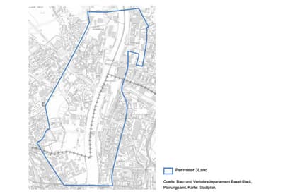 Stadtplan mit markiertem Perimeter in Basel.