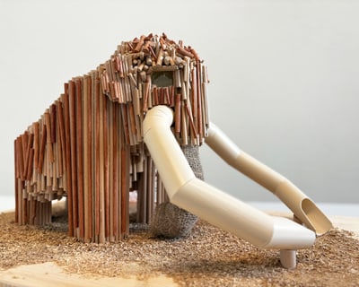 Modell eines Mammuts aus Holzspielplatzteilen auf Holzspänen.