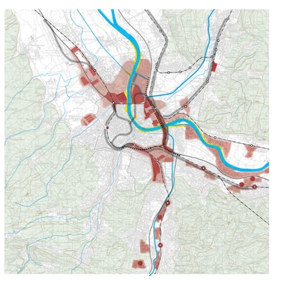 Kartographische Darstellung eines Flussverlaufs mit Verkehrsnetzen und städtischer Struktur.