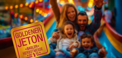 Famille sur toboggan à la Foire d'automne de Bâle 2024 avec Golden Jeton