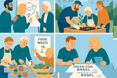 Illustration von Menschen bei der Diskussion und Gartenarbeit, Kochen und Ideenfindung für Basel.