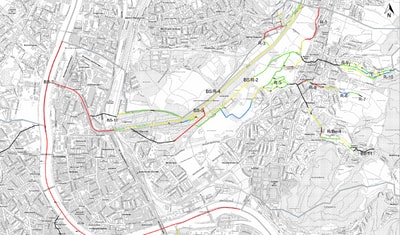 Stadtplan mit Einzeichnungen der aufzuwertenden Fliessgewässerabschnitten.