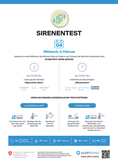 Plakat für Sirenentest in der Schweiz am 4. Februar.