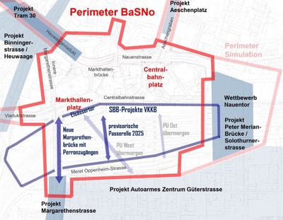 Karte des Perimeters BaSNo mit Projekten und Strassenbeschriftungen in Basel.