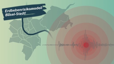 Illustration des Erdbebenrisikomodells Basel-Stadt mit Karte und Seismograph.