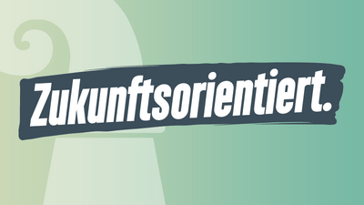 Banner mit Text 'Zukunftsorientiert' auf einem abstrakten, pastellfarbenen Hintergrund.