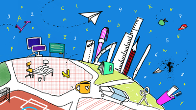 Bunte Illustration mit Büroartikeln, Buchstaben und Zahlen auf blauem Hintergrund.