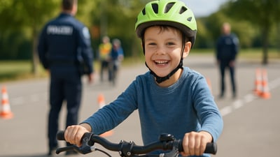 Lächelndes Kind mit Fahrradhelm bei Fahrradsicherheitskurs.