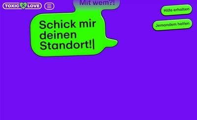 Grüner Sprechblasen-Text auf lila Hintergrund