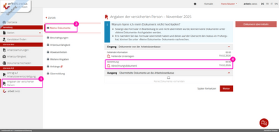Screenshot eines Online-Dokumentenportals mit Menüpunkten und Dokumentenliste.