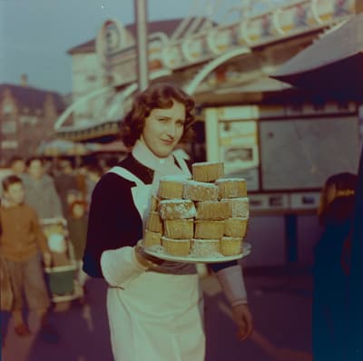 Frau mit Tablett voller Rosekiechli auf der Herbstmesse.