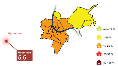 Karte zeigt Ausmass der Gebäudeschäden in den Wohnquartieren in Basel-Stadt nach einem Erdbeben der Magnitude 5.5 mit dem Epizentrum westlich der Stadt.
