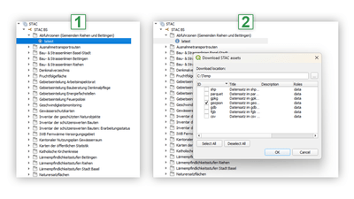 Zwei Bilder mit Dateiverzeichnissen und Download-Dialogfenster.