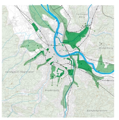 Topografische Karte mit Flussverläufen und Landschaftszeichnungen.