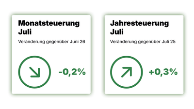 Infografik zur monatlichen und jährlichen Teuerung im Juli 2026 von -0,2% bzw. +0,3%.