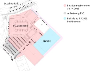 Lageplan mit St. Jakobshalle und Eishalle, farblich markierte Bereiche.",