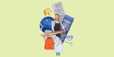 Collage aus Gegenständen und Person auf hellem Hintergrund.