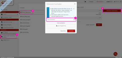 Benutzeroberfläche mit Dokumenten-Upload-Dialogfeld und gekennzeichneten Schritten.