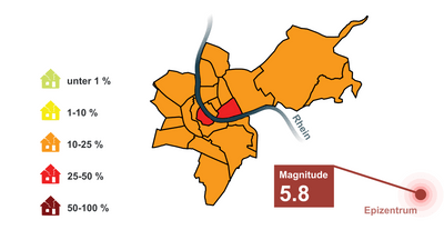 Karte zeigt Ausmass der Gebäudeschäden in den Wohnquartieren in Basel-Stadt nach einem Erdbeben der Magnitude 5.8 mit dem Epizentrum östlich der Stadt.