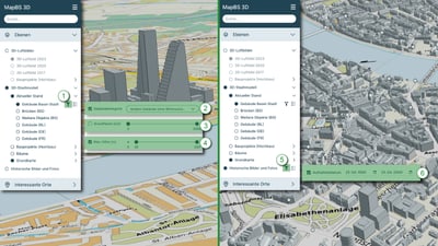 Vergleich von 3D-Stadtmodellen in Kartenanwendung mit Layer-Optionen.