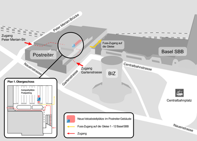 Plan Zufahrt zu Veloabstellplätzen im Postreiter-Gebäude
