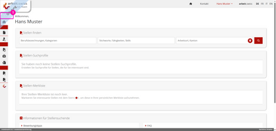 Benutzerprofilseite der Jobplattform mit Such- und Merklistenfunktionen.