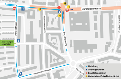 Karte mit Umleitung und Baustellenbereich in Burgfelderstrasse.