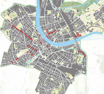 Stadtplan mit Fluss und Strassen mustert.