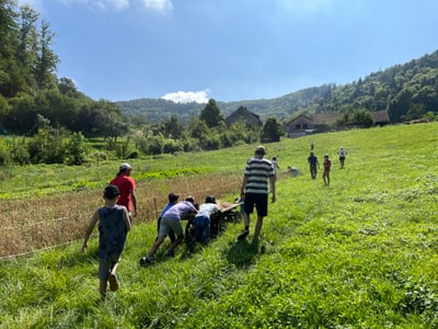 Kinder schieben Wagen auf Wiese, Hügel im Hintergrund."  