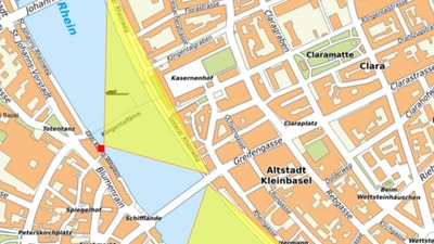 Karte von Kleinbasel mit Rhein und Strassenübersicht.