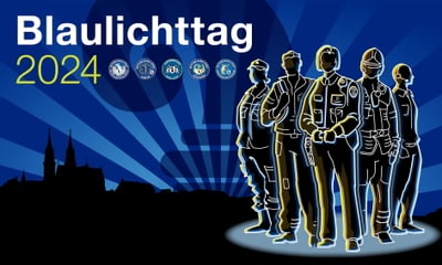 Poster für Blaulichttag 2024 mit verschiedenen Rettungskräften.