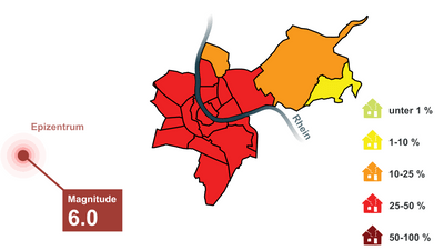 Erdbebenkarte mit Epizentrum, Magnitude 6.0, farbige SKarte zeigt Ausmass der Gebäudeschäden in den Wohnquartieren in Basel-Stadt nach einem Erdbeben der Magnitude 6.0 mit dem Epizentrum westlich der Stadt.chadenszonen.