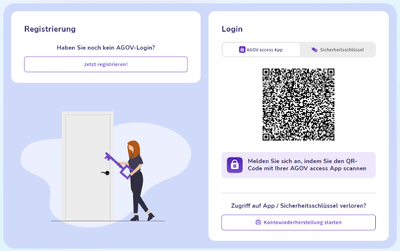 Abbildung zur Registrierung und Anmeldung bei AGOV mit QR-Code.