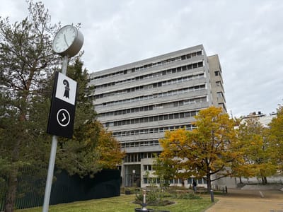 Gebäude mit Bäumen im Vordergrund und Uhr an einem Pfosten.